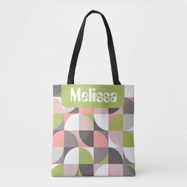 Bolso De Tela Retro Mod Squares Pink Green Name Personalized (Anverso)