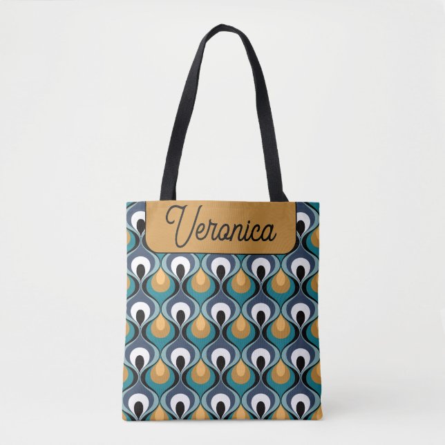 Bolso De Tela Retro Mood Teal Mustard Name Personalized (Anverso)