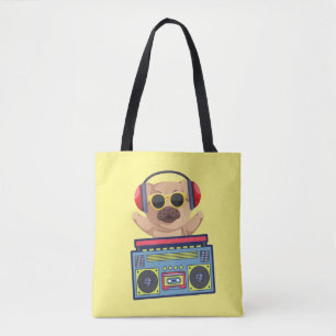 BOLSO DE TELA RETRO MUSICAL PUG AND CASSETTE PLAYER