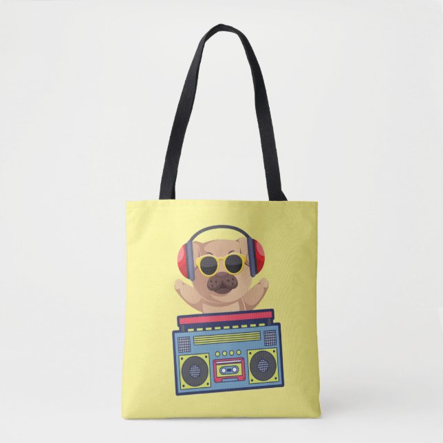 BOLSO DE TELA RETRO MUSICAL PUG AND CASSETTE PLAYER (Anverso)