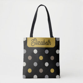 Bolso De Tela Retro Polka Dots Black Mustard Name Personalized