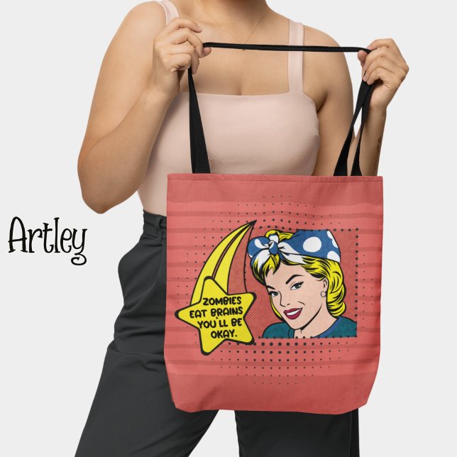 Bolso De Tela Retro Pop Art Zombie Cerebros Frase Rosa Amarillo (Subido por el creador)