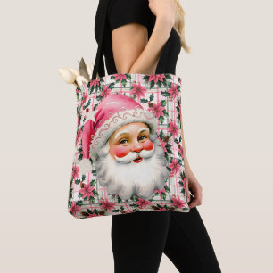 Bolso De Tela Retro Rosa Santa Claus Navidades Floral Plaid