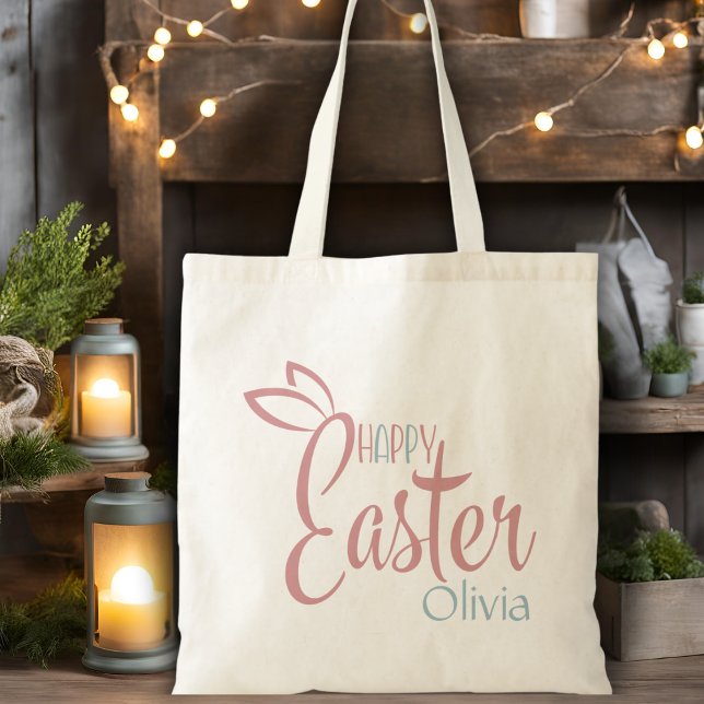 Bolso De Tela Retro Rosa Y Azul Personalizado Feliz Pascua (Retro Pink And Blue Personalized Happy Easter Tote Bag)