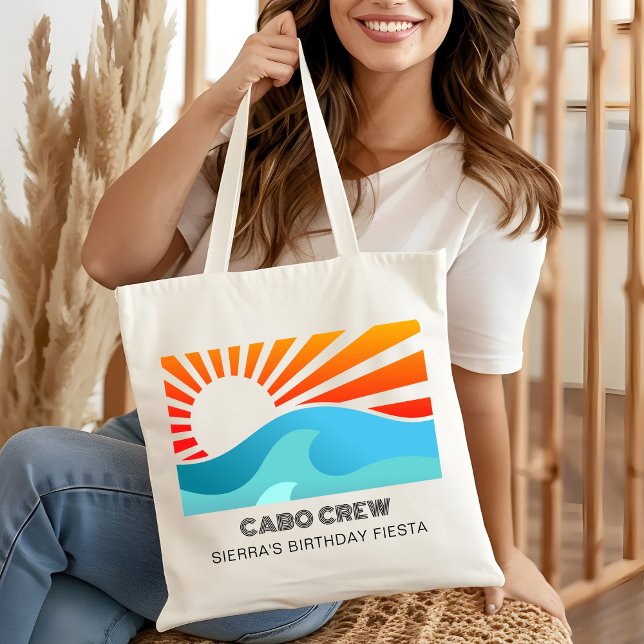 Bolso De Tela Retro Sunset Beach Custom Text Birthday Party Crew (Subido por el creador)