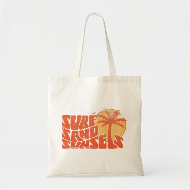 Bolso De Tela Retro Surf Sand Sunsets Palm Tree Beach Vibes (Frente)