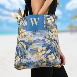 Bolso De Tela Retro Yellow Blue Floral n Tropical Palms Initial