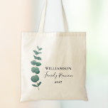 Bolso De Tela Reunión de la Familia Eucalyptus Moderna y Elegant<br><div class="desc">Esta Bolsa de la Reunión Familiar está decorada con una elegante estampilla de eucaliptos de color agua y una elegante tipografía. Personalizable fácil. Utilice la Herramienta de diseño para cambiar el tamaño, estilo o color del texto. Porque creamos nuestra obra de arte no encontrarás esta imagen exacta de otros diseñadores....</div>