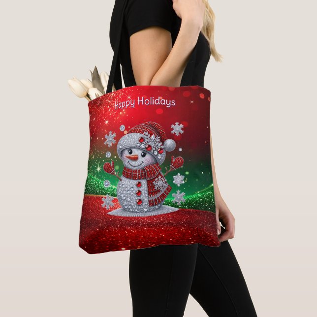 Bolso De Tela Rhinestones Snowman Holiday Tote Bag (Detalle)