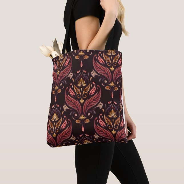 Bolso De Tela Rich Dark Gold Maroon Damask Pattern (Detalle)