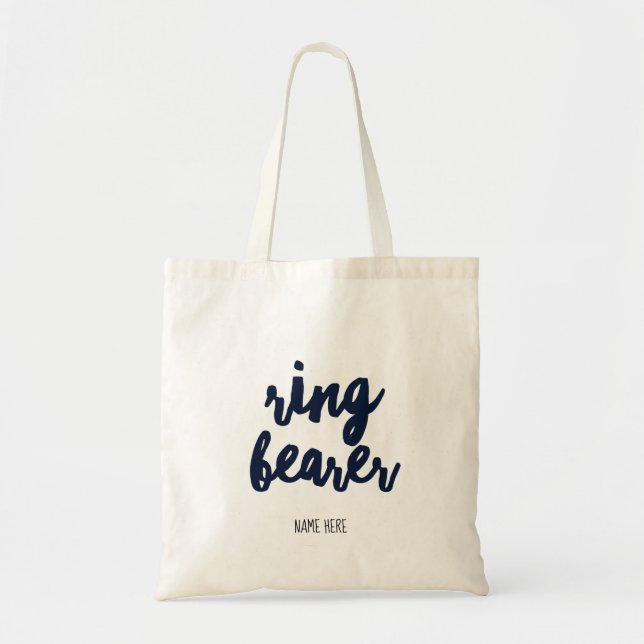 Bolso De Tela Ring Bearer Nombre personalizado Navy Azul (Frente)
