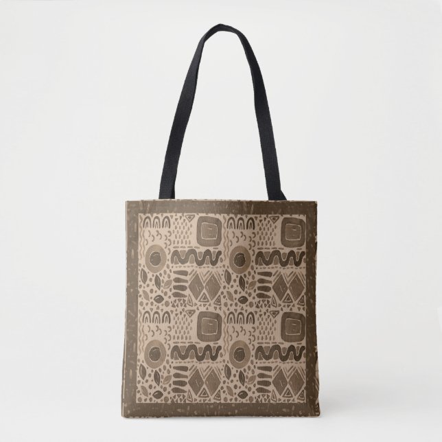 Bolso De Tela Ritmos terrestres- Patrón étnico africano en marró (Anverso)