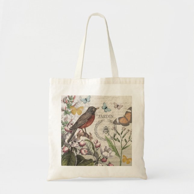 Bolso De Tela Robin Elegant Bird Butterfly Arte Francés (Frente)