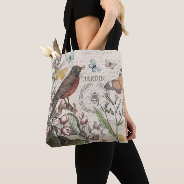 Bolso De Tela Robin Elegant Bird Butterfly Arte Francés (Detalle)