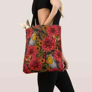 Bolso De Tela Robins en el jardín de otoño, dahlias rojas en neg