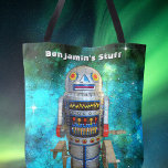 Bolso De Tela Robot de juguete retro vintage en galaxia agrega t<br><div class="desc">Me encantan los rostros lindos y retro de robots vintage metalizado de juguetes para la infancia. Aquí está uno de mis favoritos, frente a un cielo galáctico azul turquesa. Siempre que uses este divertido, colorido y personalizado nombre de la bolsa, sé un martillo de moda. Hace un gran regalo para...</div>