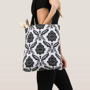Bolso De Tela Rococó Damask Patrón Grande Negro sobre Blanco