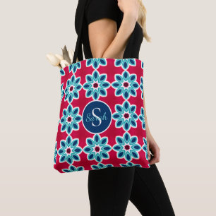 Bolso De Tela Rojo Brillante y Azul Geométrico Moderno Personali