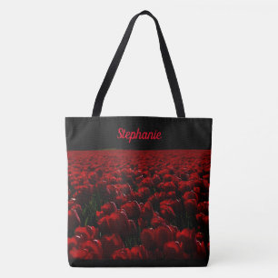 Bolso De Tela rojo negro y burdeos, flores, tu nombre