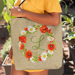 Bolso De Tela Rojo Poppies White Yellow Daisies Flor Wreath