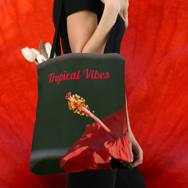Bolso De Tela Rojo Tropical Hibiscus Flor Dramática Negro (Subido por el creador)