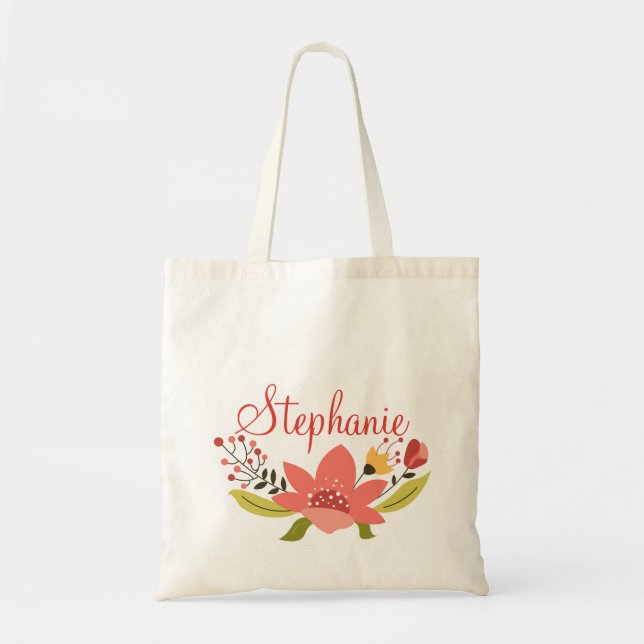 Bolso De Tela Rojo y guirnalda floral personalizada amarillo (Frente)