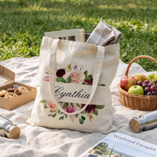 Bolso De Tela Rojoburdeos Púrpura Rubor Aquarela Floral Dama de