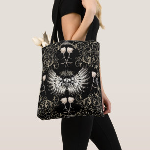 Bolso De Tela Romance Gótico Victoriano Cráneo Alas y Rosas Blan
