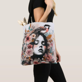 Bolso De Tela Romantic Woman with Flowers and Bird Illustration