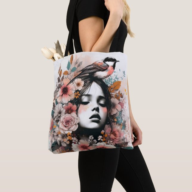 Bolso De Tela Romantic Woman with Flowers and Bird Illustration (Detalle)