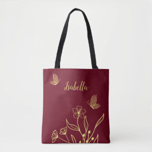 Bolso De Tela Romántico elegante flor de oro burdeos