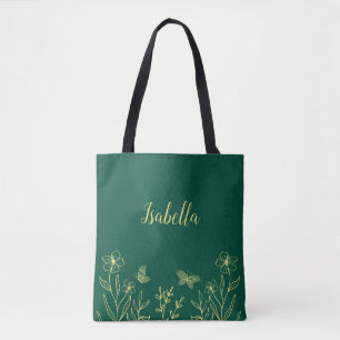 Bolso De Tela Romántico elegante flor de oro verde esmeralda