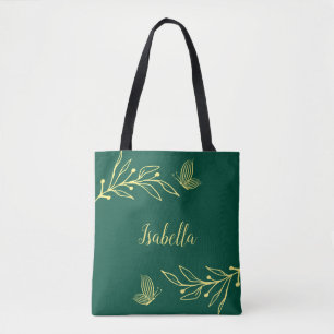 Bolso De Tela Romántico elegante flor de oro verde esmeralda