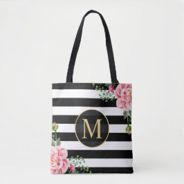 Bolso De Tela Romántico Floral Black White Stripes Monograma