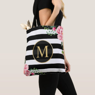 Bolso De Tela Romántico Floral Black White Stripes Monograma