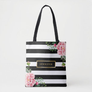 Bolso De Tela Romántico Floral Blanco Negro Floral