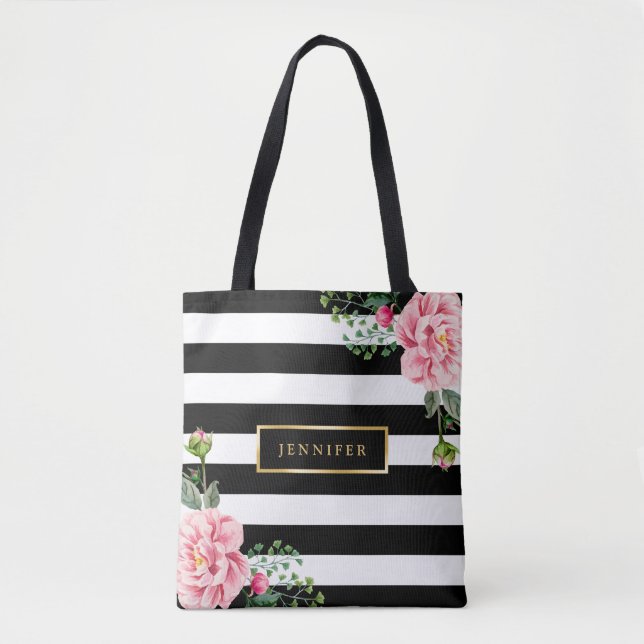 Bolso De Tela Romántico Floral Blanco Negro Floral (Anverso)
