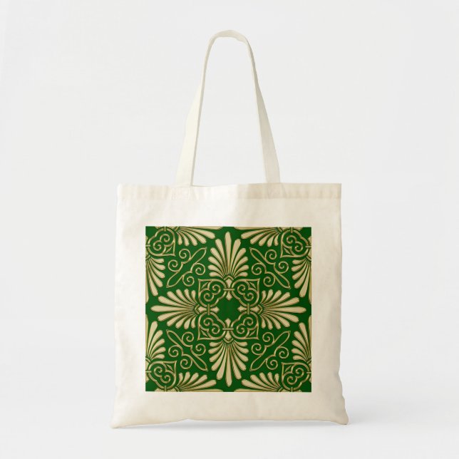 Bolso De Tela Romántico Retro Art Deco Damask Green Gold 01 (Frente)
