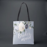 Bolso De Tela Romántico y romántico, polvoriento azul floral, da<br><div class="desc">Acuarela floral botánica y vegetación en amarillo suave,  azul polvoriento y gris,  con escritura de dama de honor y nombre personalizado en la parte trasera,  elegante y romántico,  grandes regalos personalizados para dama de honor.</div>