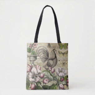 Bolso De Tela Rooster Garden Flower Butfly Art