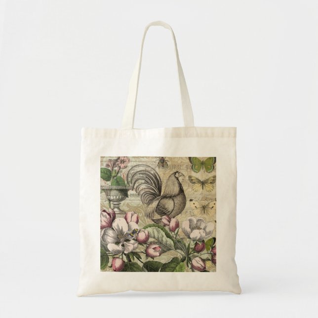 Bolso De Tela Rooster Garden Flower Butfly Art (Frente)