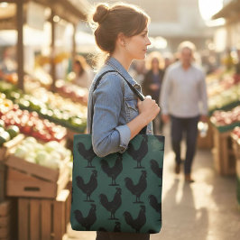 Bolso De Tela Rooster Tote Bag, Green and Black Chicken Design 