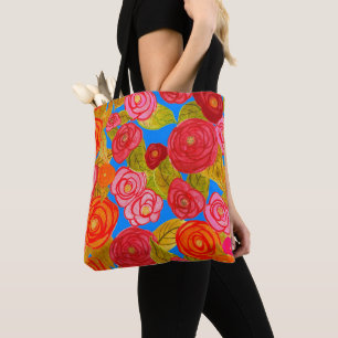 Bolso De Tela Rosa Acuarela Flores Jardín En El Tote Aqua