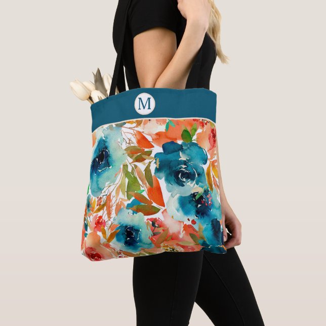 Bolso De Tela Rosa azul Monograma floral otoñal (Detalle)