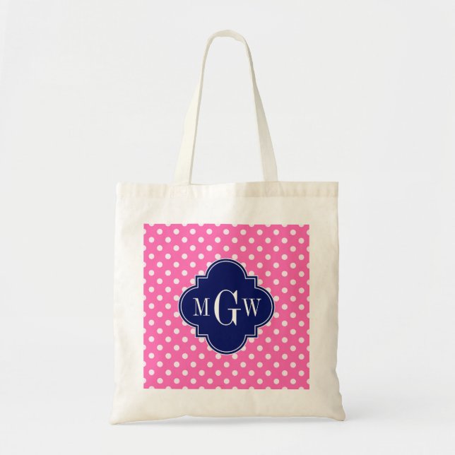 Bolso De Tela Rosa Caliente Polka Dots Navy Quatrefoil 3 Monogra (Frente)