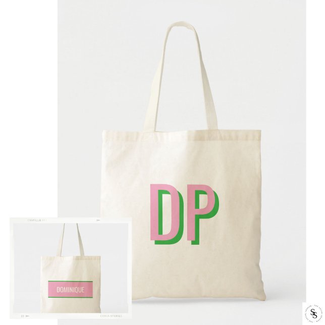 Bolso De Tela Rosa Claro + Monograma Verde Dama de Honor (Light Pink + Green Monogram Tote Bag)