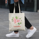 Bolso De Tela Rosa de acuarela rosa de coral personalizado<br><div class="desc">Crea tu propio regalo personalizado de rosa rosa rosa de coral y ramo de flores de melocotón. Un diseño floral para el tema boda romántico. Se puede cambiar el color rojo oscuro naranja del tipo de letra del estilo de caligrafía moderno.</div>