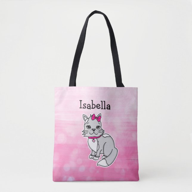 Bolso De Tela Rosa de Chica personalizada de gato gris y blanco (Anverso)