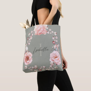 Bolso De Tela Rosa de color de agua personalizado   Verde salvia