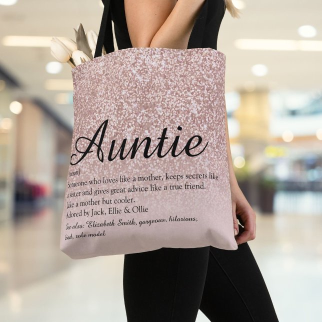 Bolso De Tela Rosa de guión de definición de tía  Purpurina de o (Aunt Auntie Definition Script Rose Gold Glitter Tote Bag)